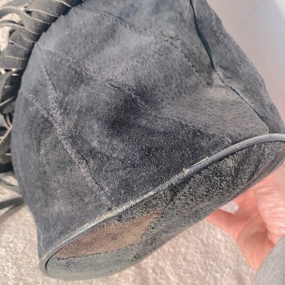 Vintage Leather Patchwork Black Brown Colour Block Bucket Bag Purse With Fringe - Picture 7 of 12